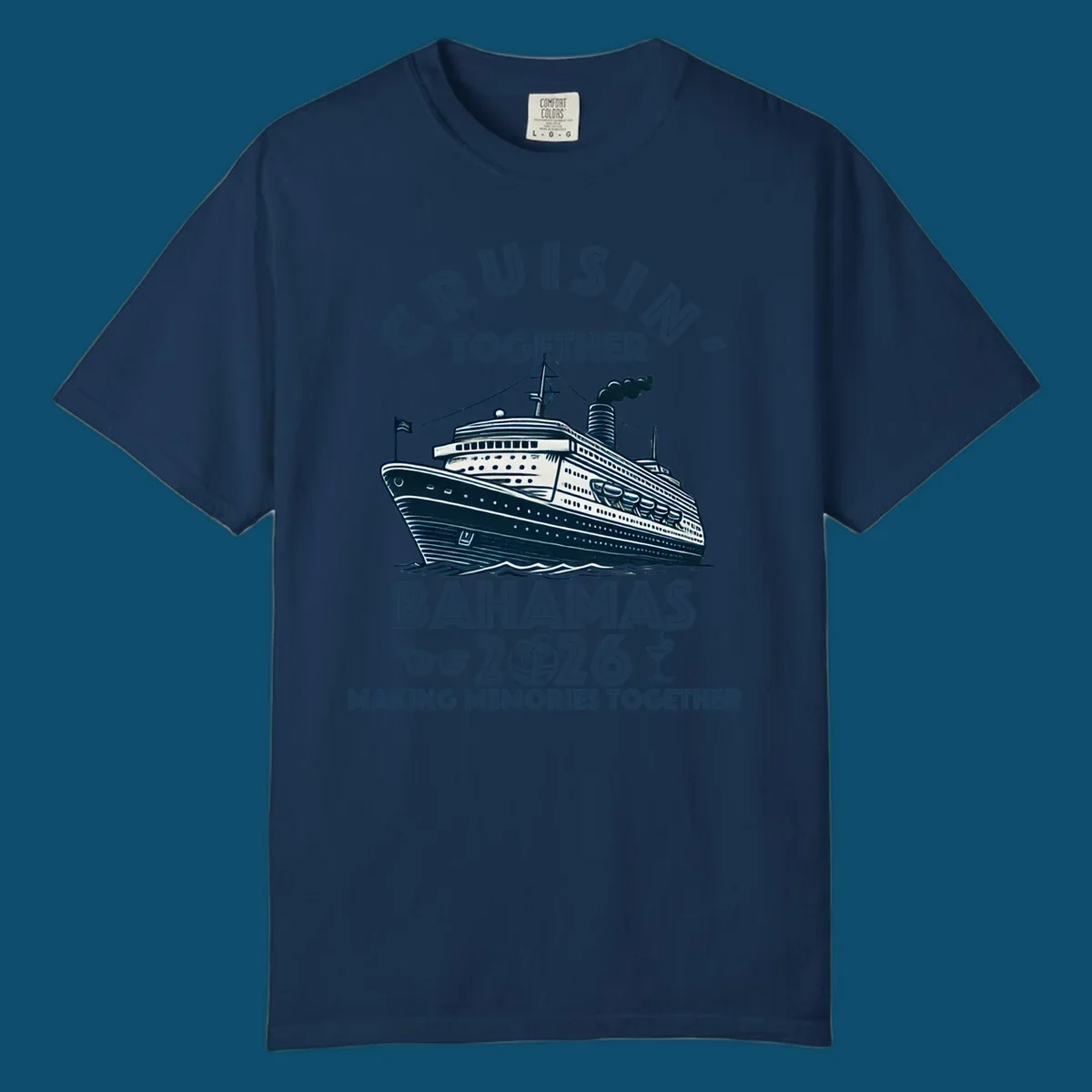 An illustration of a cruise ship with 'CRUISIN' TOGETHER BAHAMAS 2026' text, sunglasses, palm tree, and cocktail, representing a cruisin-together-bahamas-2026 family trip.