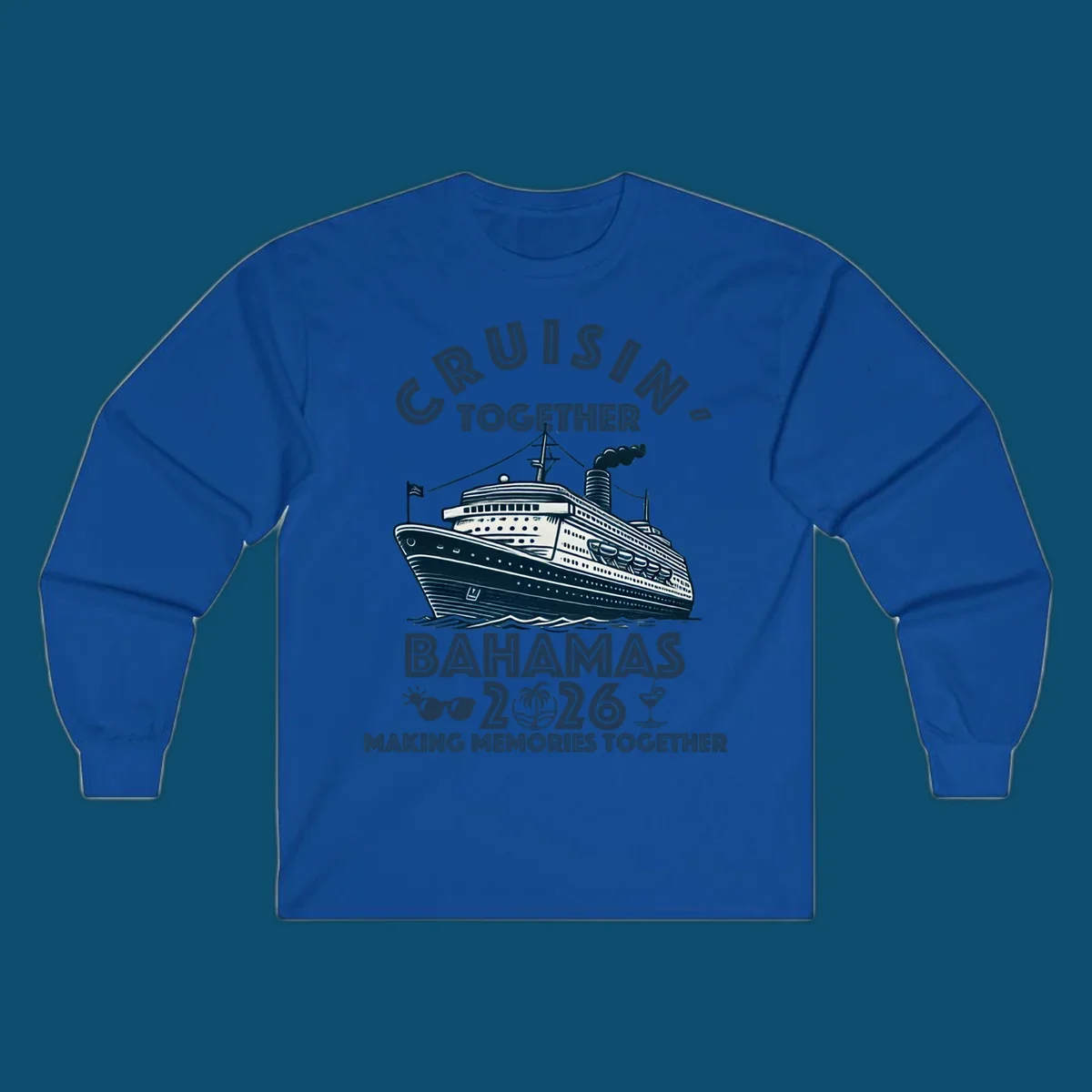 An illustration of a cruise ship with 'CRUISIN' TOGETHER BAHAMAS 2026' text, sunglasses, palm tree, and cocktail, representing a cruisin-together-bahamas-2026 family trip.