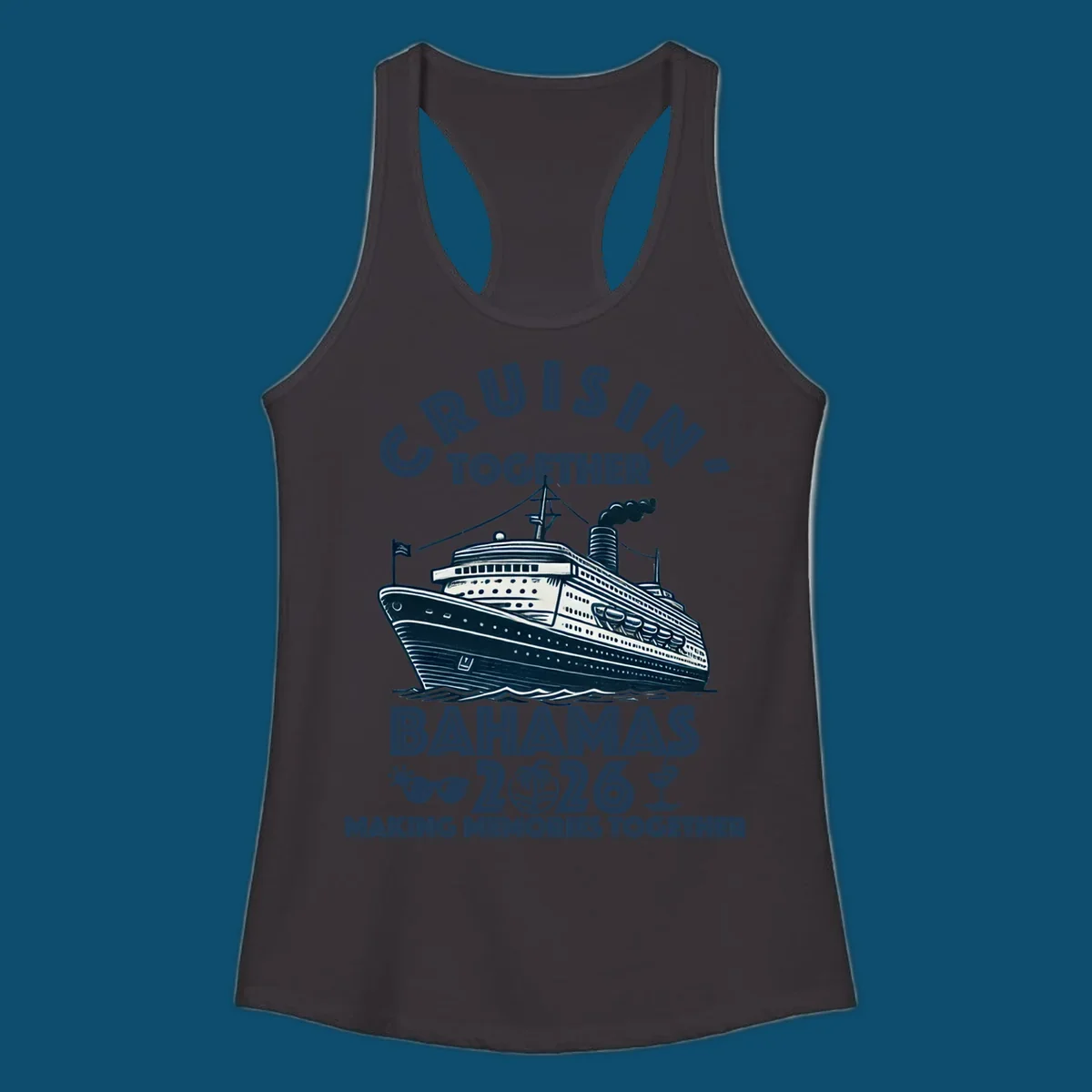 An illustration of a cruise ship with 'CRUISIN' TOGETHER BAHAMAS 2026' text, sunglasses, palm tree, and cocktail, representing a cruisin-together-bahamas-2026 family trip.