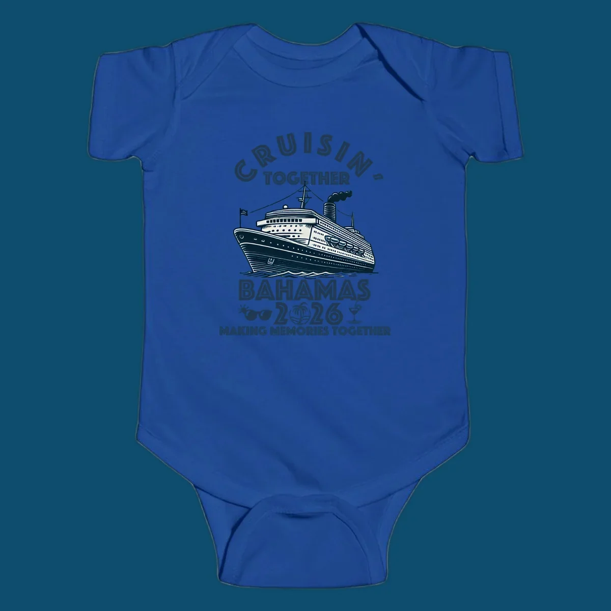 An illustration of a cruise ship with 'CRUISIN' TOGETHER BAHAMAS 2026' text, sunglasses, palm tree, and cocktail, representing a cruisin-together-bahamas-2026 family trip.