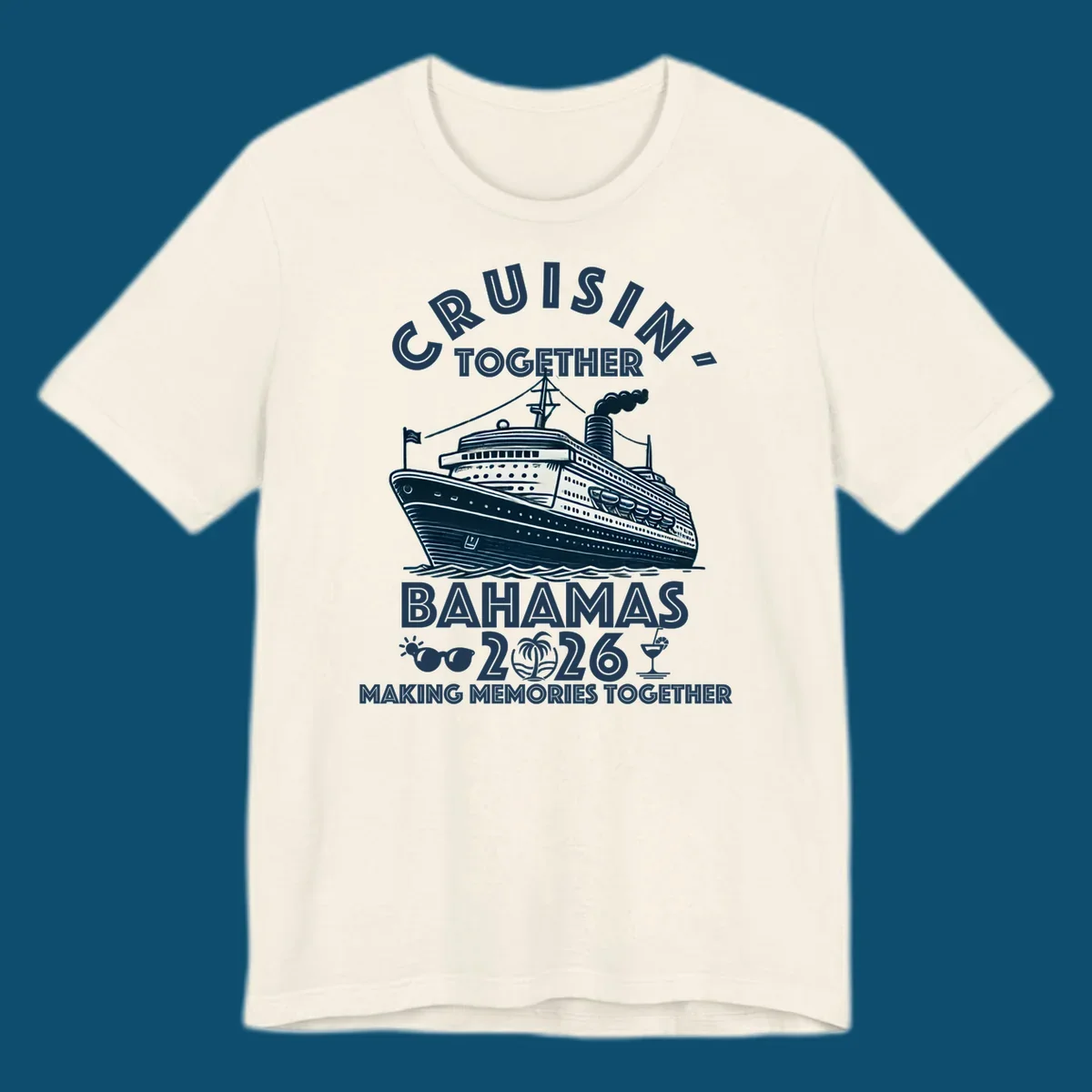 An illustration of a cruise ship with 'CRUISIN' TOGETHER BAHAMAS 2026' text, sunglasses, palm tree, and cocktail, representing a cruisin-together-bahamas-2026 family trip.