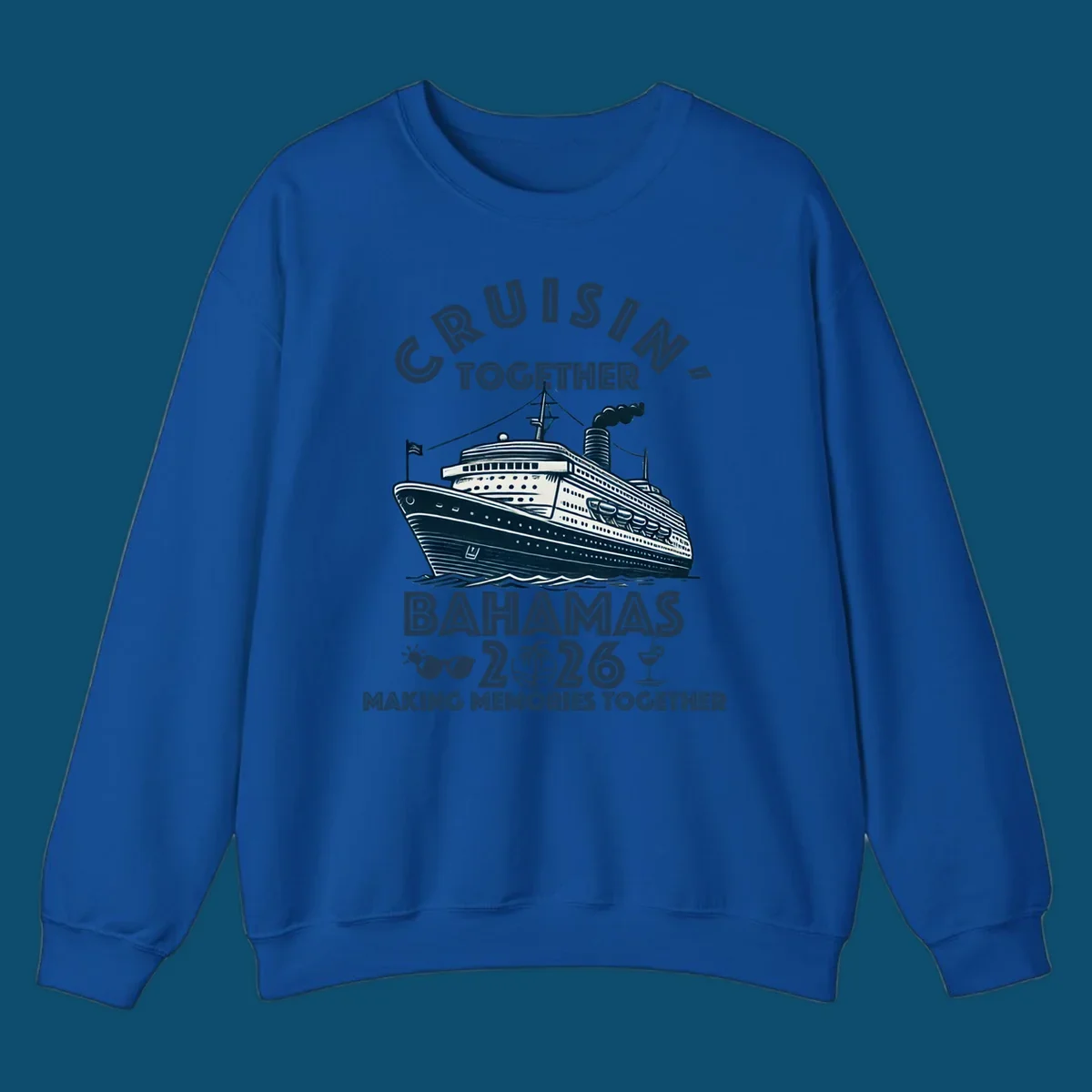 An illustration of a cruise ship with 'CRUISIN' TOGETHER BAHAMAS 2026' text, sunglasses, palm tree, and cocktail, representing a cruisin-together-bahamas-2026 family trip.