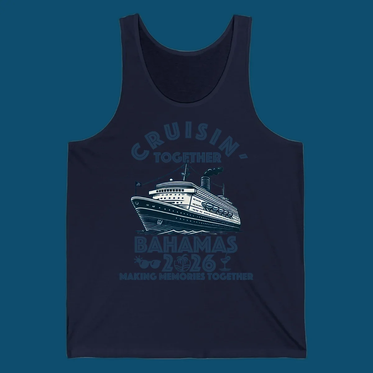 An illustration of a cruise ship with 'CRUISIN' TOGETHER BAHAMAS 2026' text, sunglasses, palm tree, and cocktail, representing a cruisin-together-bahamas-2026 family trip.