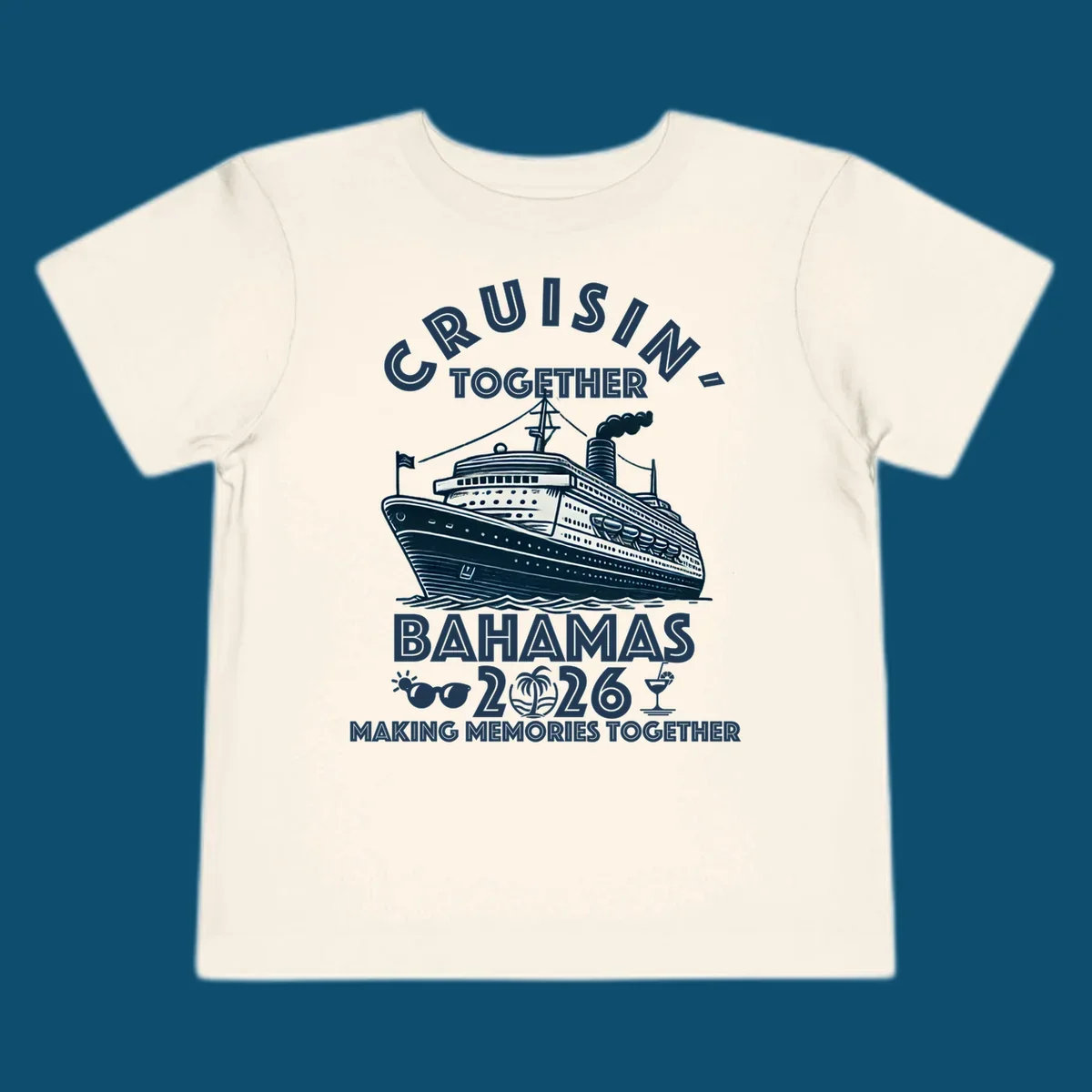 An illustration of a cruise ship with 'CRUISIN' TOGETHER BAHAMAS 2026' text, sunglasses, palm tree, and cocktail, representing a cruisin-together-bahamas-2026 family trip.