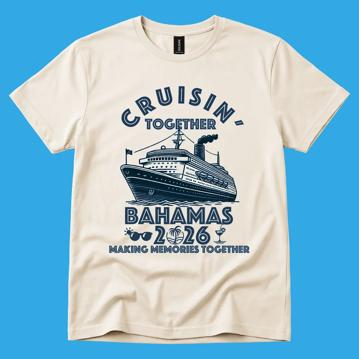 An illustration of a cruise ship with 'CRUISIN' TOGETHER BAHAMAS 2026' text, sunglasses, palm tree, and cocktail, representing a cruisin-together-bahamas-2026 family trip.