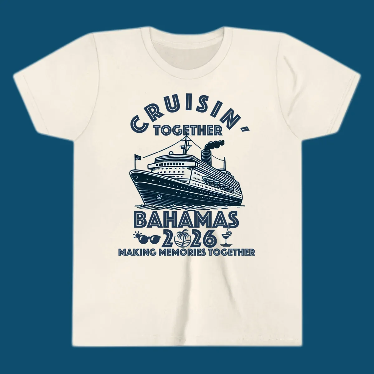 An illustration of a cruise ship with 'CRUISIN' TOGETHER BAHAMAS 2026' text, sunglasses, palm tree, and cocktail, representing a cruisin-together-bahamas-2026 family trip.