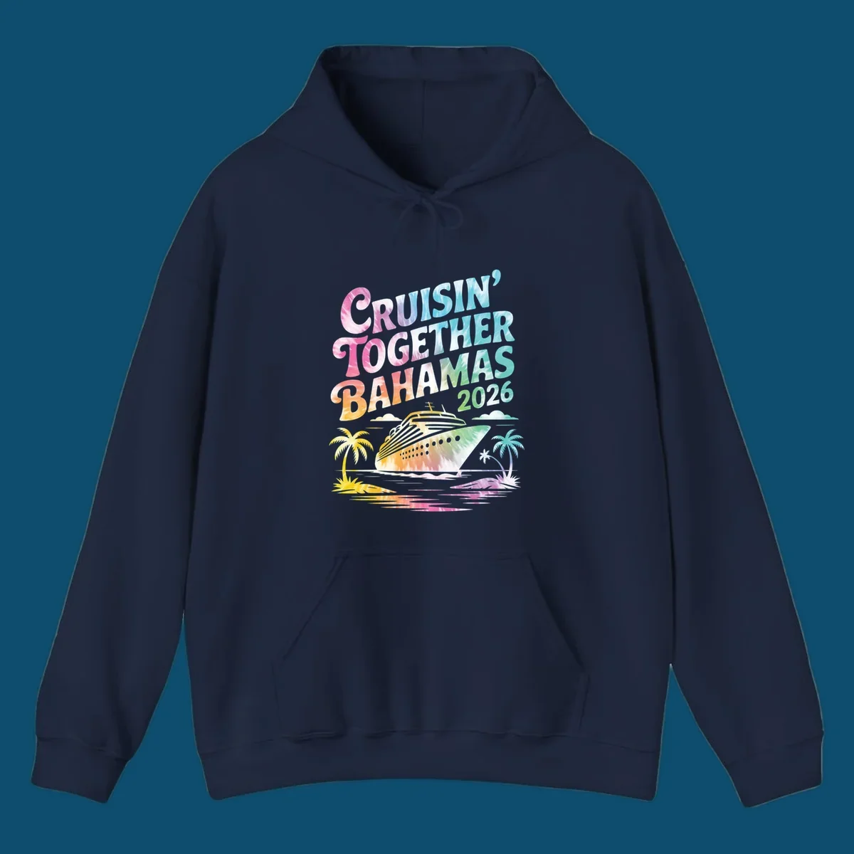 A tie-dye design with "CRUISIN' TOGETHER BAHAMAS 2026" text, a cruise ship, and palm trees for a cruisin-together-bahamas-2026 family trip.