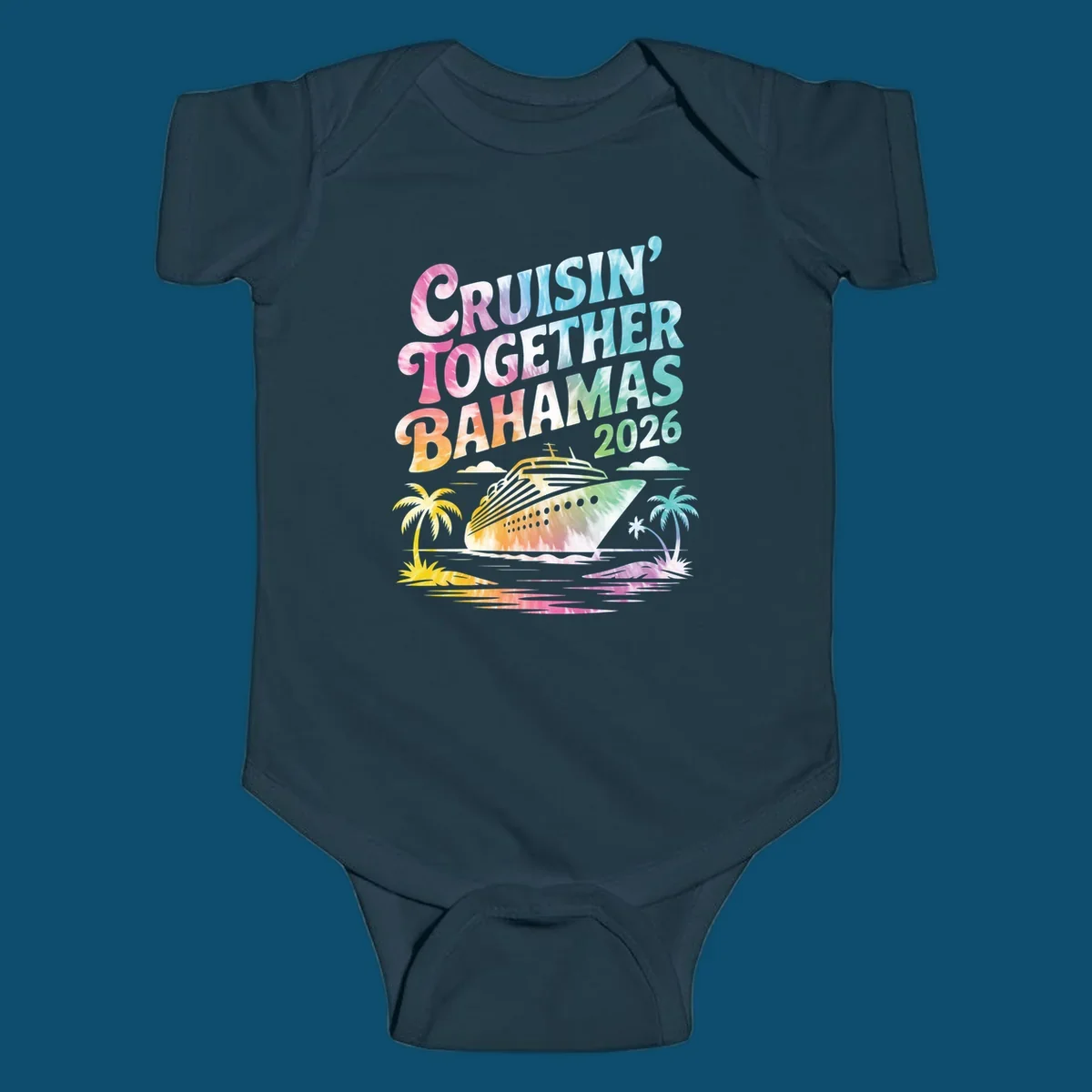 A tie-dye design with "CRUISIN' TOGETHER BAHAMAS 2026" text, a cruise ship, and palm trees for a cruisin-together-bahamas-2026 family trip.
