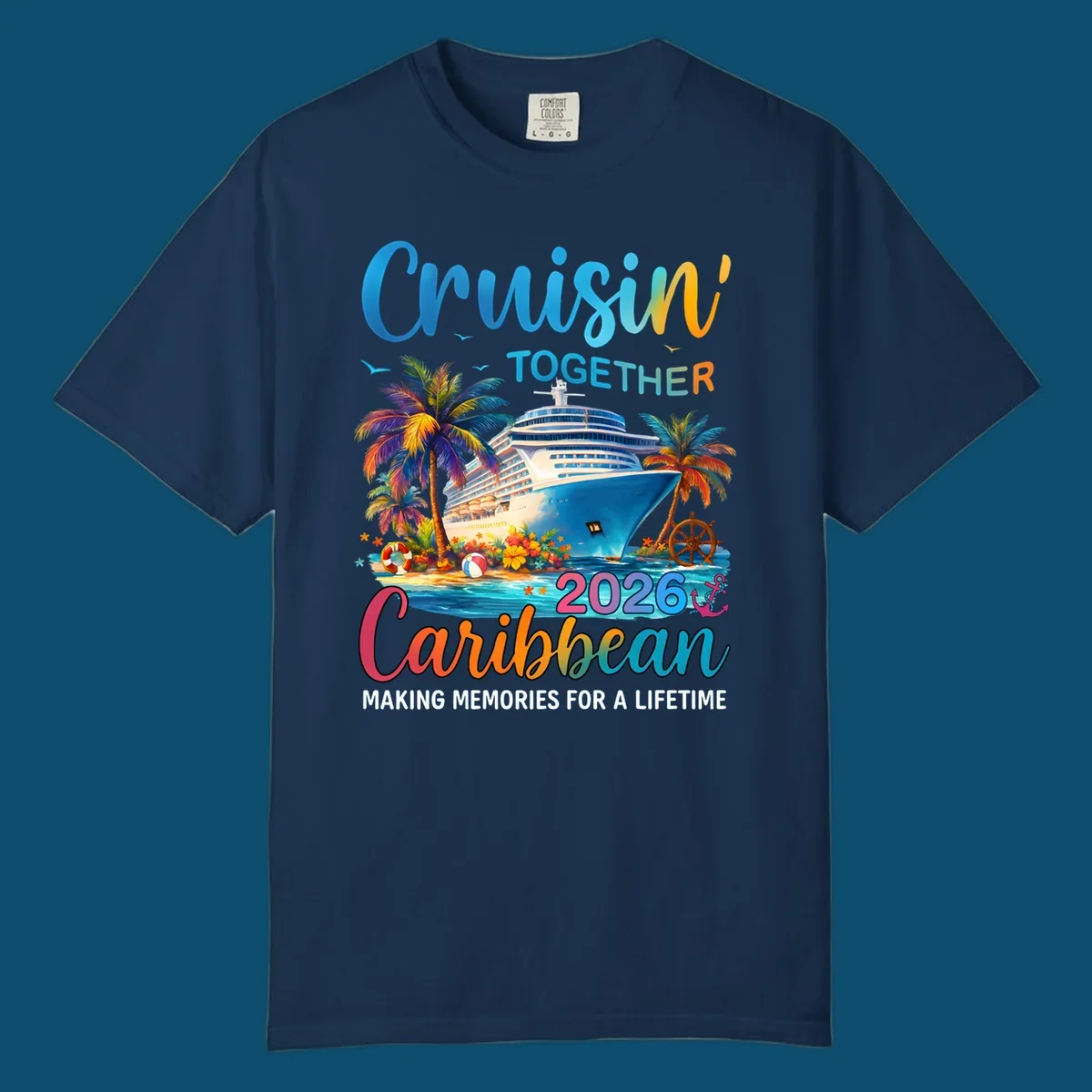A vibrant graphic for a Caribbean cruise in 2026 featuring a cruise ship, palm trees, and text "Cruisin' TOGETHER Caribbean 2026."