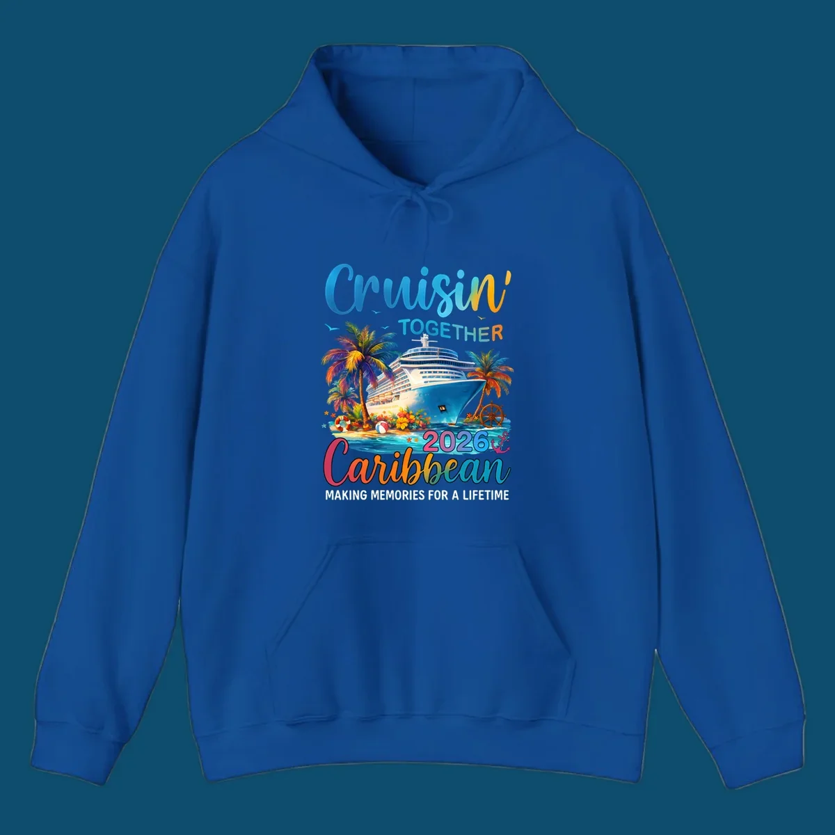 A vibrant graphic for a Caribbean cruise in 2026 featuring a cruise ship, palm trees, and text "Cruisin' TOGETHER Caribbean 2026."