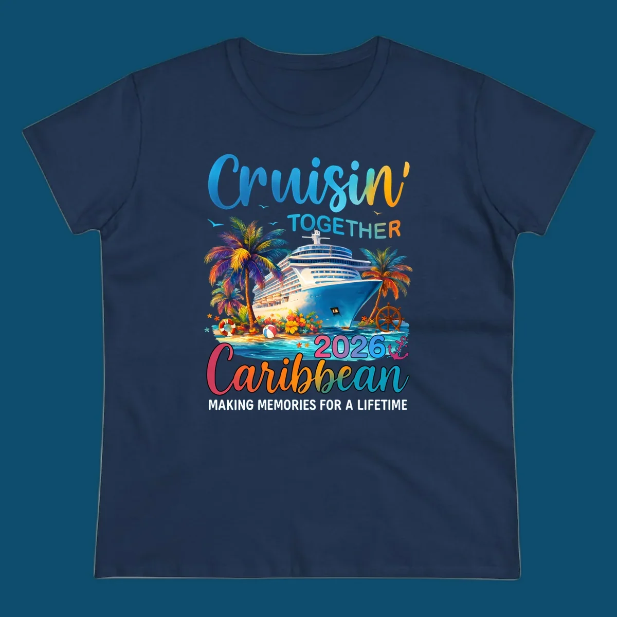 A vibrant graphic for a Caribbean cruise in 2026 featuring a cruise ship, palm trees, and text "Cruisin' TOGETHER Caribbean 2026."