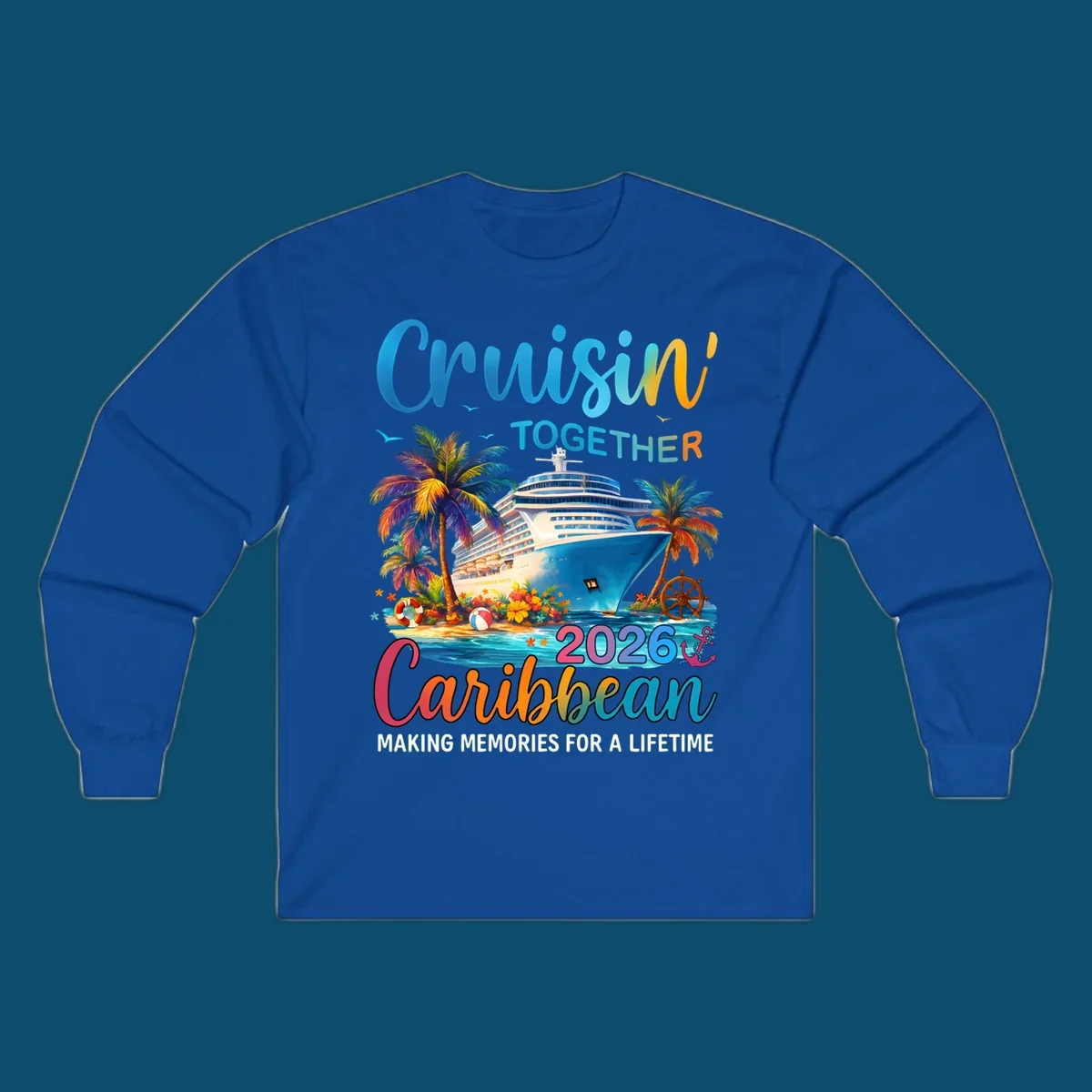 A vibrant graphic for a Caribbean cruise in 2026 featuring a cruise ship, palm trees, and text "Cruisin' TOGETHER Caribbean 2026."