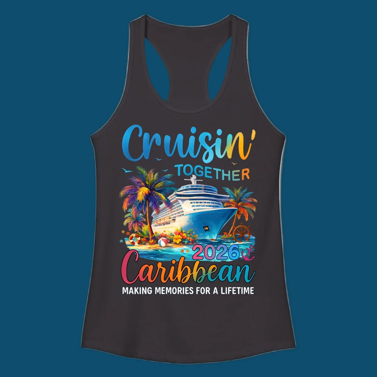 A vibrant graphic for a Caribbean cruise in 2026 featuring a cruise ship, palm trees, and text "Cruisin' TOGETHER Caribbean 2026."