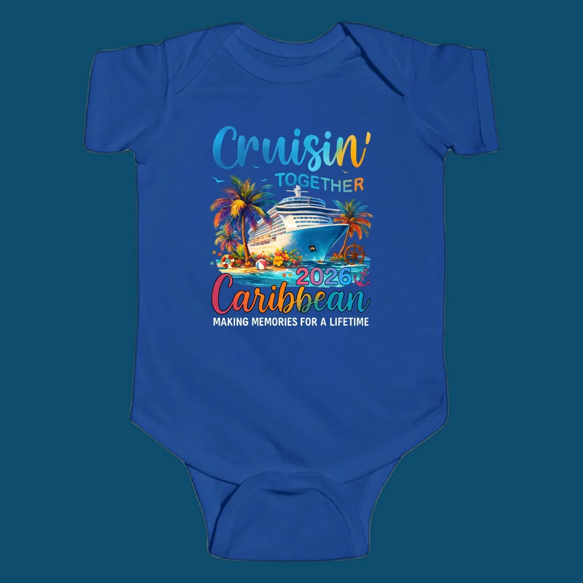 A vibrant graphic for a Caribbean cruise in 2026 featuring a cruise ship, palm trees, and text "Cruisin' TOGETHER Caribbean 2026."