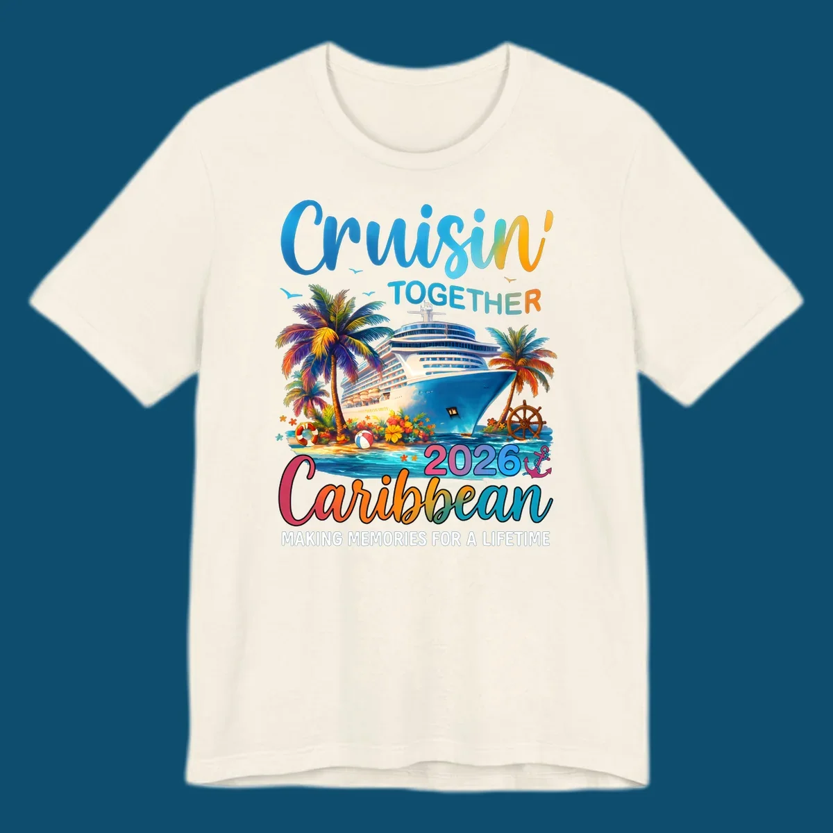 A vibrant graphic for a Caribbean cruise in 2026 featuring a cruise ship, palm trees, and text "Cruisin' TOGETHER Caribbean 2026."