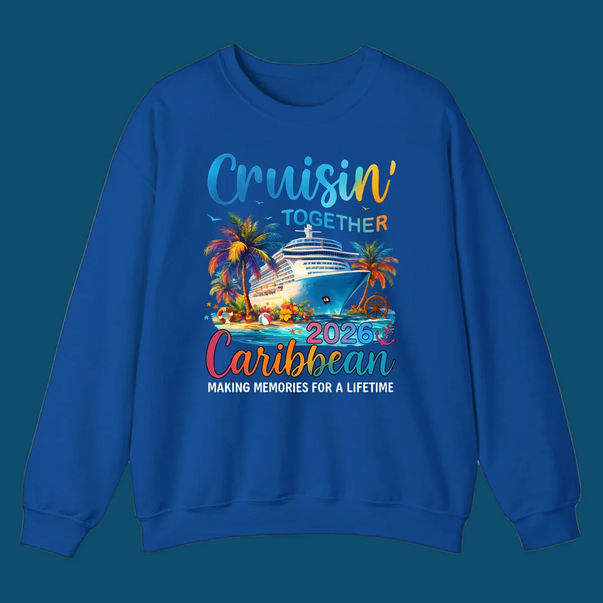 A vibrant graphic for a Caribbean cruise in 2026 featuring a cruise ship, palm trees, and text "Cruisin' TOGETHER Caribbean 2026."