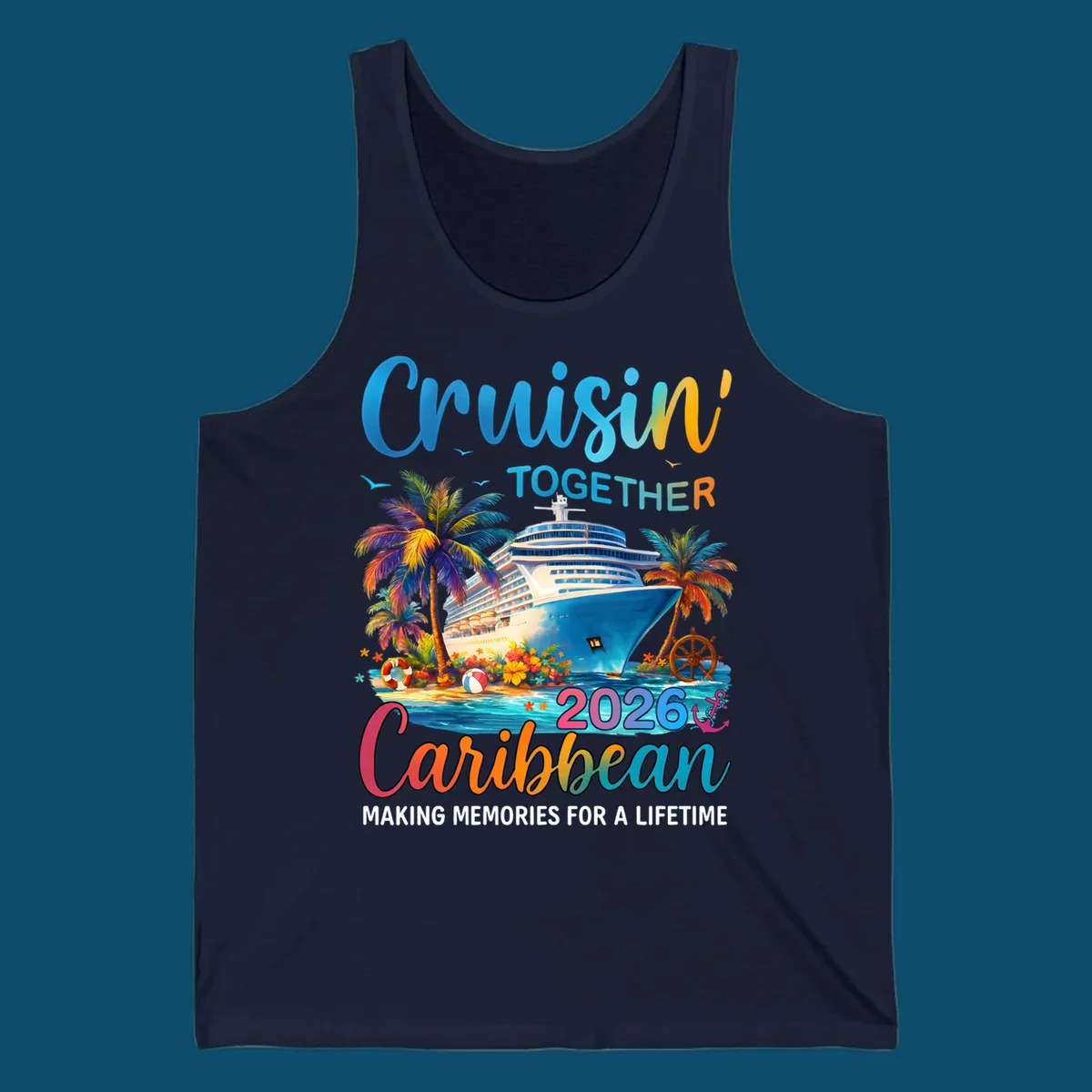 A vibrant graphic for a Caribbean cruise in 2026 featuring a cruise ship, palm trees, and text "Cruisin' TOGETHER Caribbean 2026."