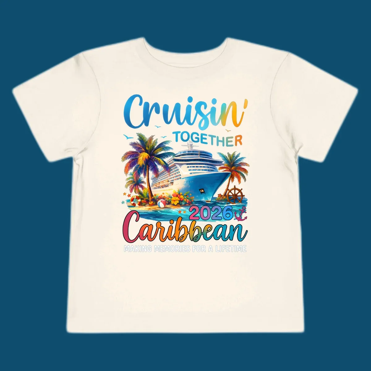 A vibrant graphic for a Caribbean cruise in 2026 featuring a cruise ship, palm trees, and text "Cruisin' TOGETHER Caribbean 2026."