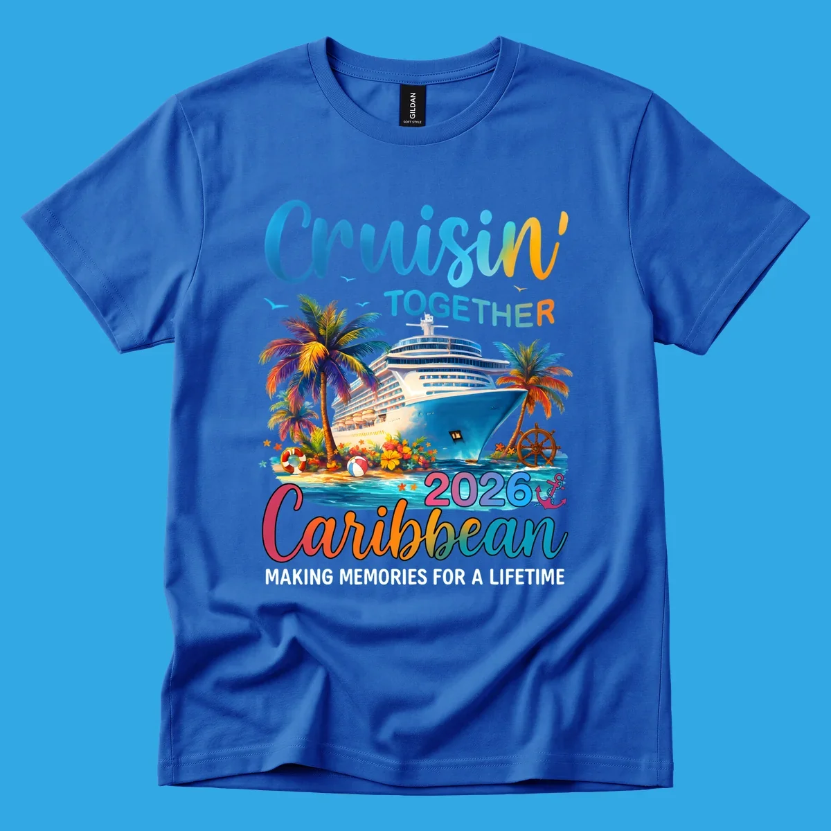 A vibrant graphic for a Caribbean cruise in 2026 featuring a cruise ship, palm trees, and text "Cruisin' TOGETHER Caribbean 2026."