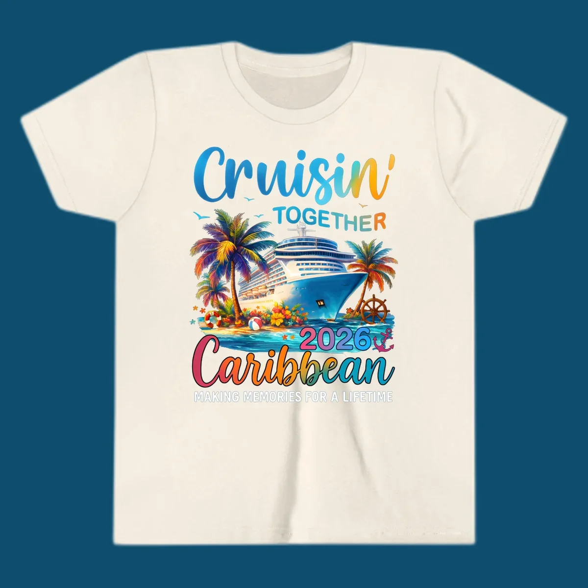 A vibrant graphic for a Caribbean cruise in 2026 featuring a cruise ship, palm trees, and text "Cruisin' TOGETHER Caribbean 2026."