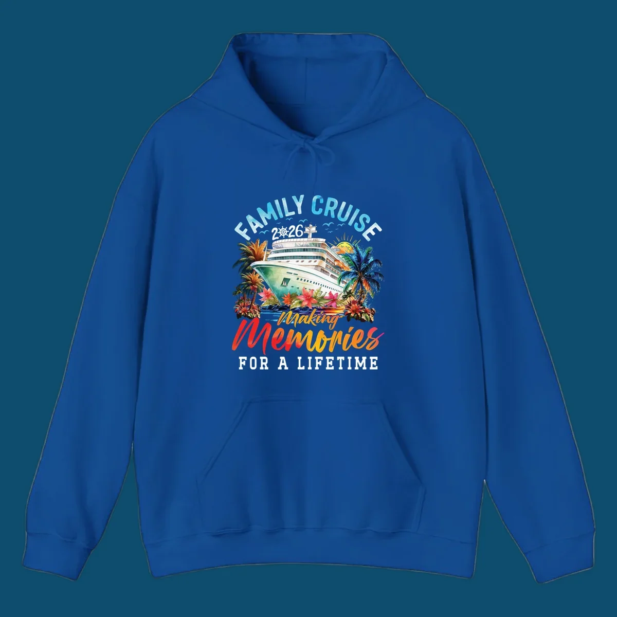 A vibrant family cruise 2026 design with a ship, palm trees, and 'Making Memories For A Lifetime' text.