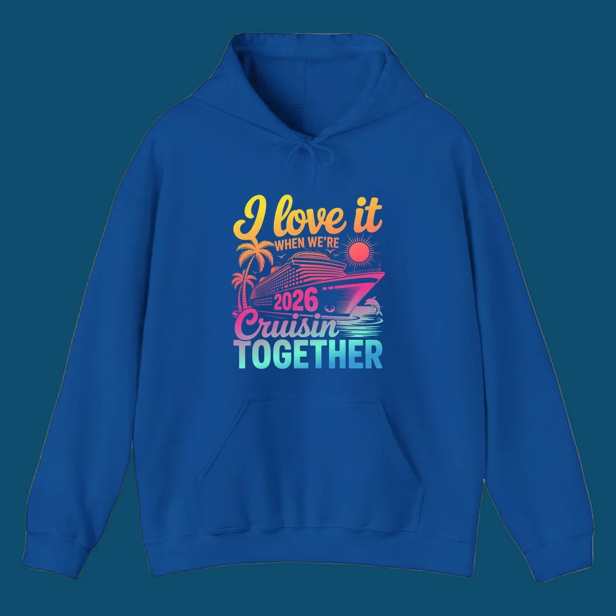 Vibrant cruise ship design with palm trees, sun, dolphin, and text 'I love it WHEN WE'RE 2026 Cruisin TOGETHER' for 2026-cruisin-together.