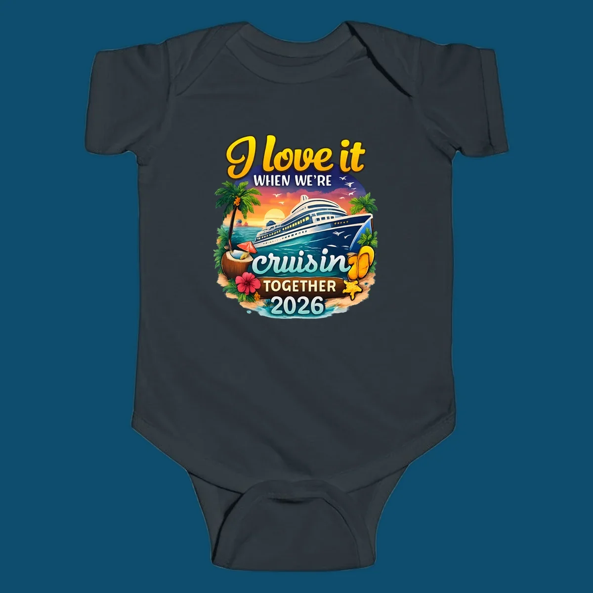 A colorful illustration for a 'love-it-cruising-together' 2026 family cruise design with a ship, sunset, and beach elements.