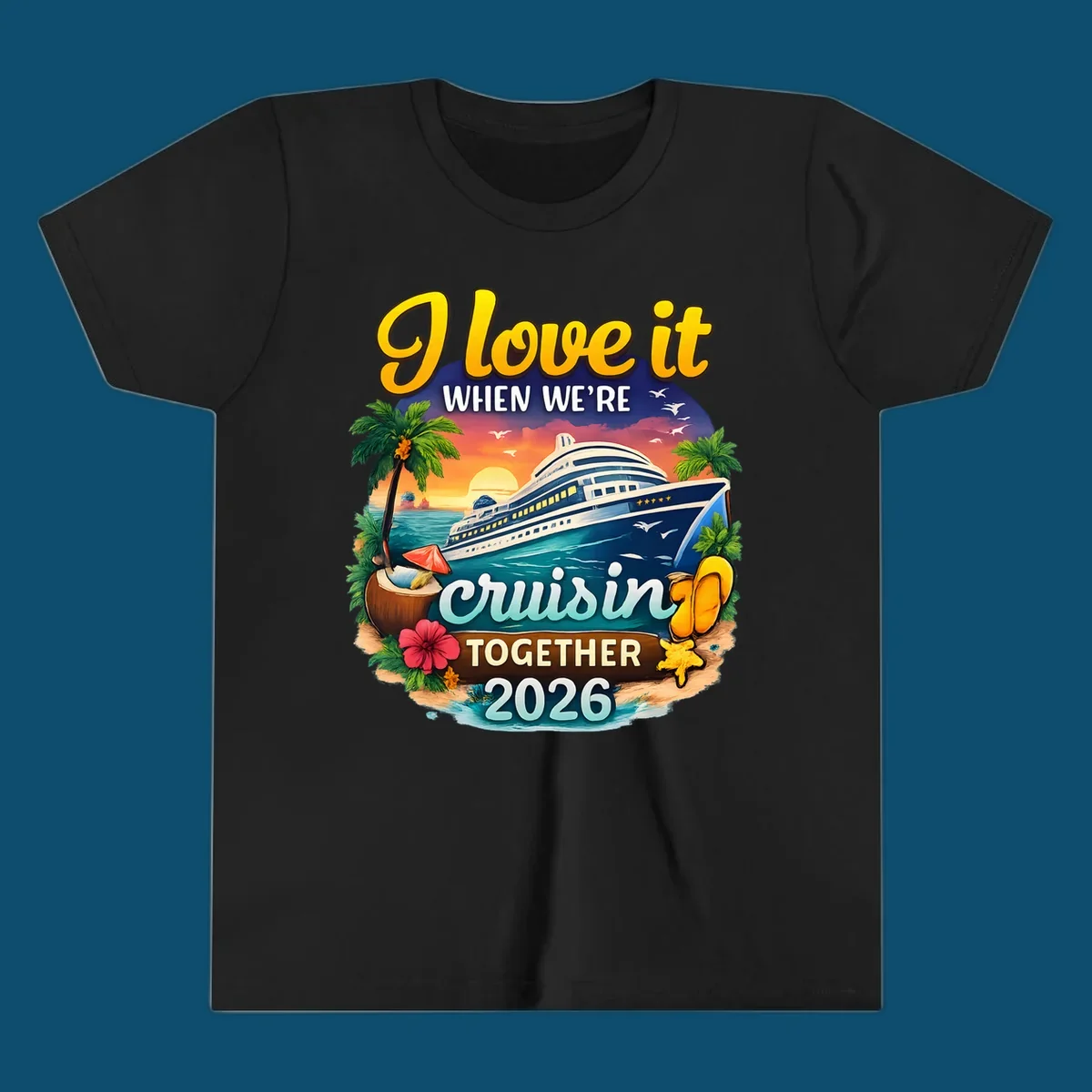 A colorful illustration for a 'love-it-cruising-together' 2026 family cruise design with a ship, sunset, and beach elements.