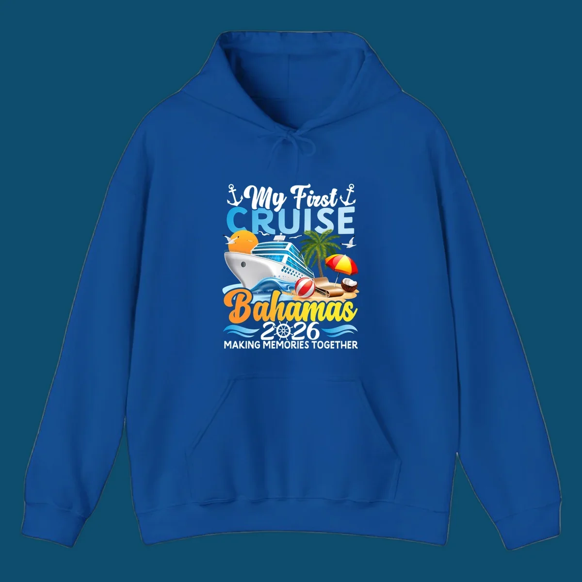 A colorful illustration of a cruise ship, beach, palm tree, and text 'My First Cruise Bahamas 2026' for a my-first-bahamas-cruise shirt.