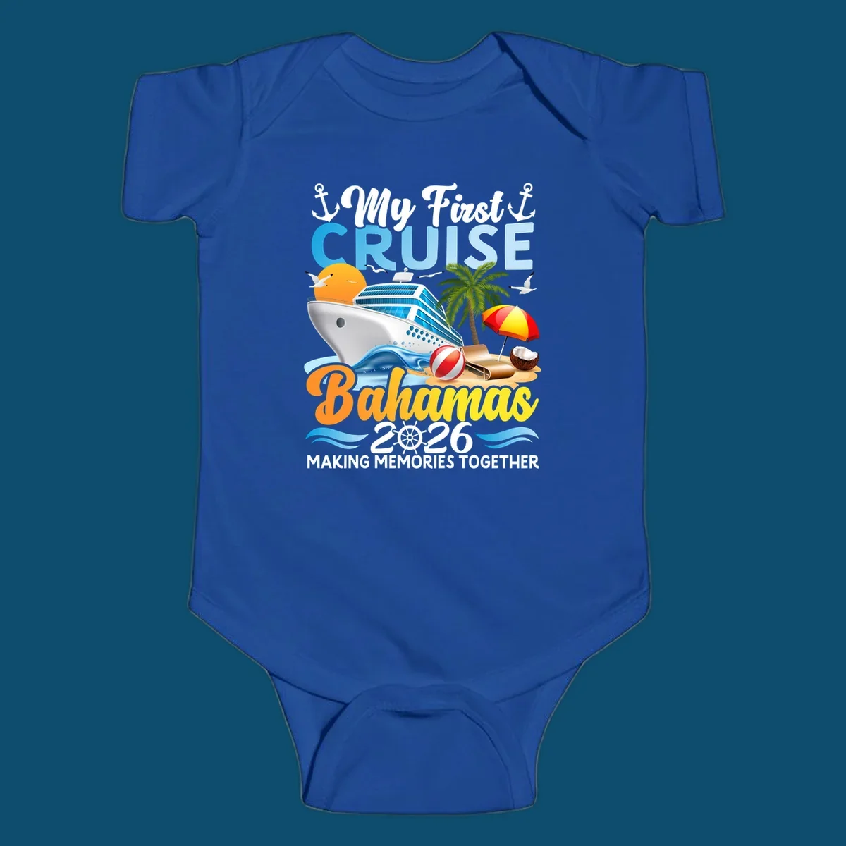 A colorful illustration of a cruise ship, beach, palm tree, and text 'My First Cruise Bahamas 2026' for a my-first-bahamas-cruise shirt.