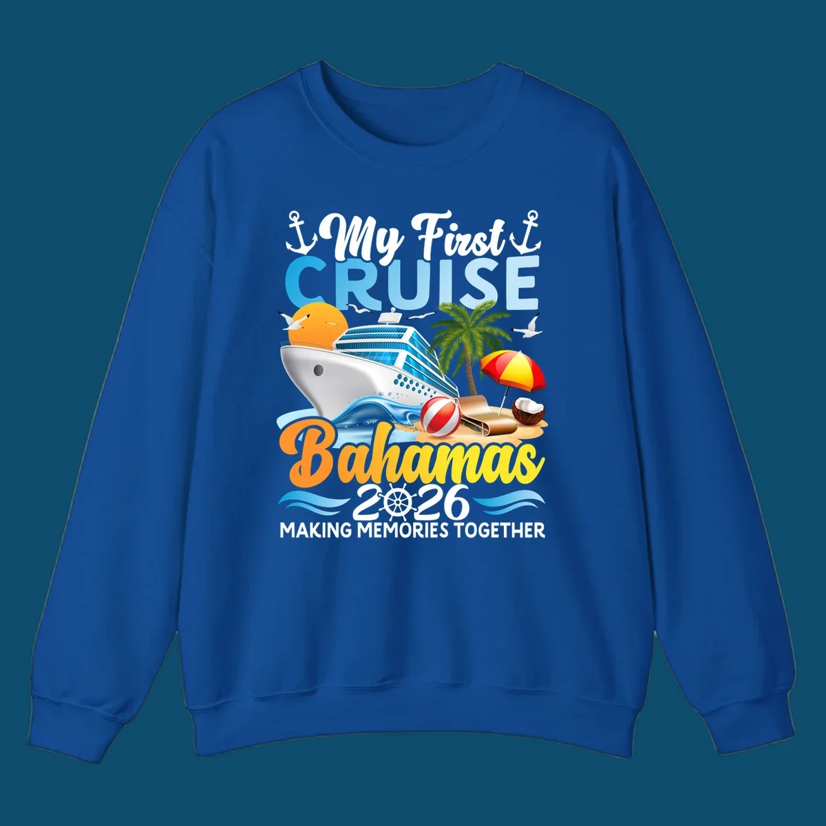 A colorful illustration of a cruise ship, beach, palm tree, and text 'My First Cruise Bahamas 2026' for a my-first-bahamas-cruise shirt.