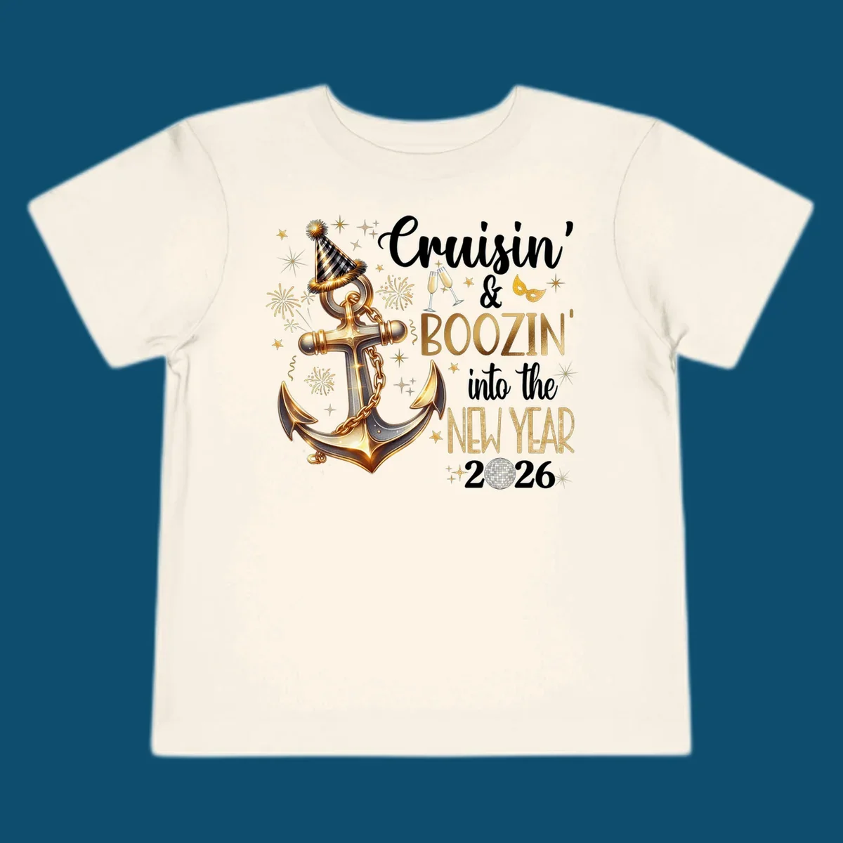 A festive 'Cruisin' & Boozin' New Year 2026' design with an anchor, party hat, fireworks, champagne, and disco ball.