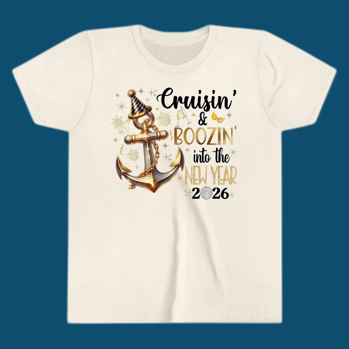 A festive 'Cruisin' & Boozin' New Year 2026' design with an anchor, party hat, fireworks, champagne, and disco ball.