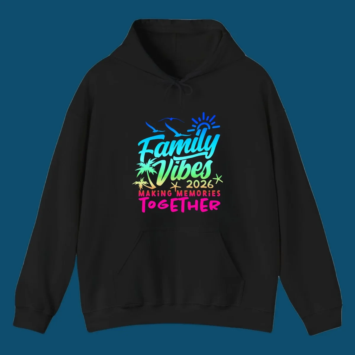 A colorful 'Family Vibes 2026 MAKING MEMORIES TOGETHER' design with sun, seagulls, palm trees, and starfish, representing family-vibes-2026-memories.
