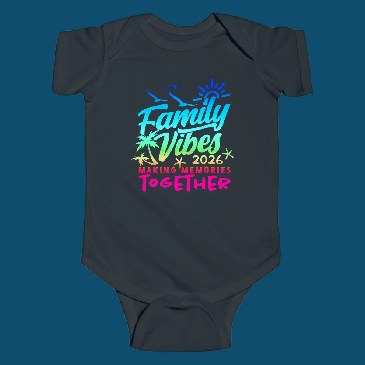 A colorful 'Family Vibes 2026 MAKING MEMORIES TOGETHER' design with sun, seagulls, palm trees, and starfish, representing family-vibes-2026-memories.