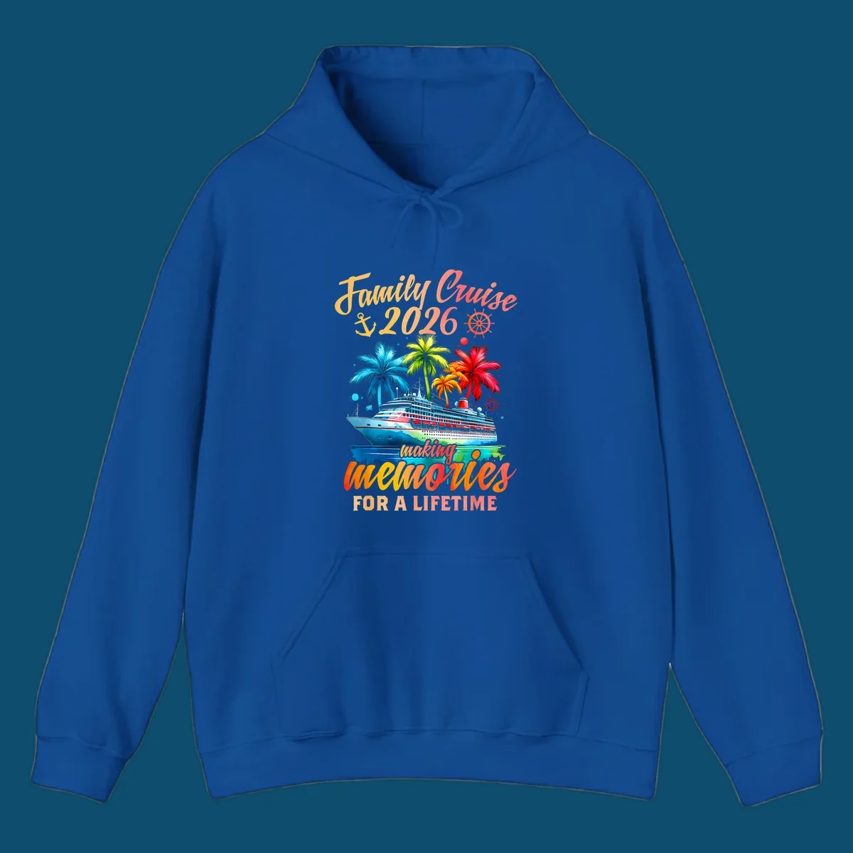 A vibrant family cruise 2026 memories design with a ship, colorful palm trees, and 'Family Cruise 2026 making memories for a lifetime' text.
