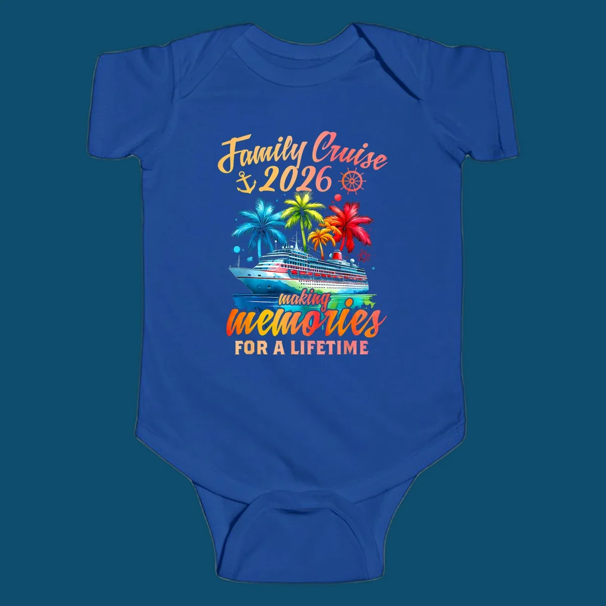 A vibrant family cruise 2026 memories design with a ship, colorful palm trees, and 'Family Cruise 2026 making memories for a lifetime' text.