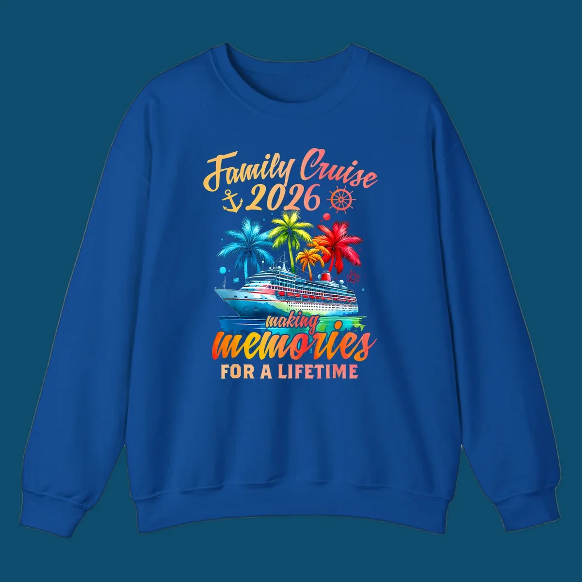 A vibrant family cruise 2026 memories design with a ship, colorful palm trees, and 'Family Cruise 2026 making memories for a lifetime' text.