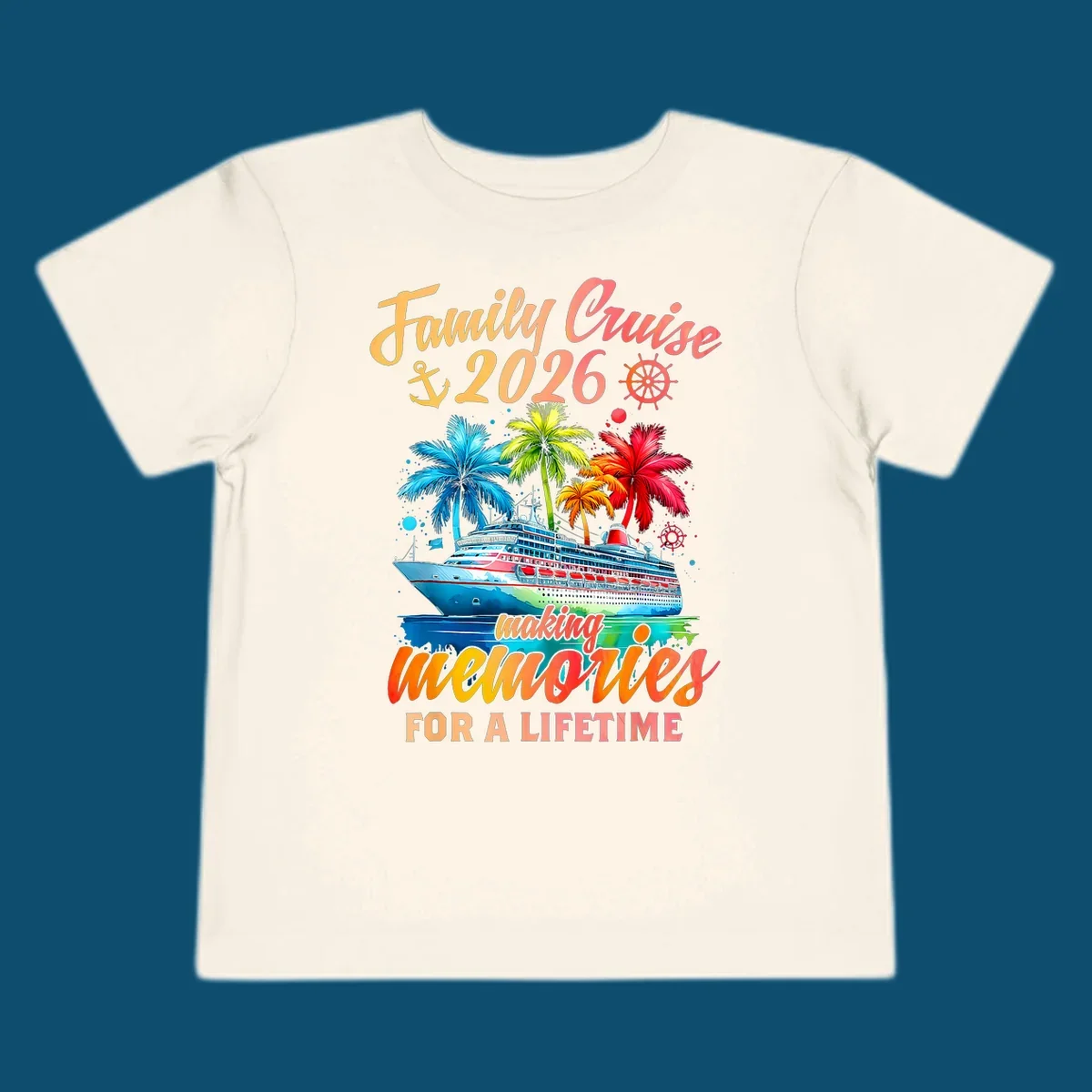 A vibrant family cruise 2026 memories design with a ship, colorful palm trees, and 'Family Cruise 2026 making memories for a lifetime' text.