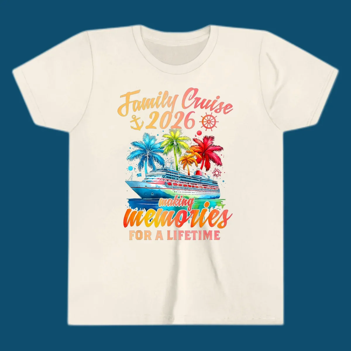 A vibrant family cruise 2026 memories design with a ship, colorful palm trees, and 'Family Cruise 2026 making memories for a lifetime' text.