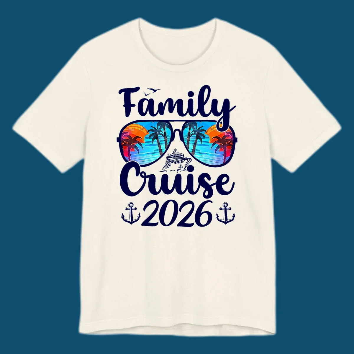 A family cruise design featuring sunglasses reflecting a tropical sunset with palm trees and a cruise ship, along with the text "Family Cruise 2026" and anchors.