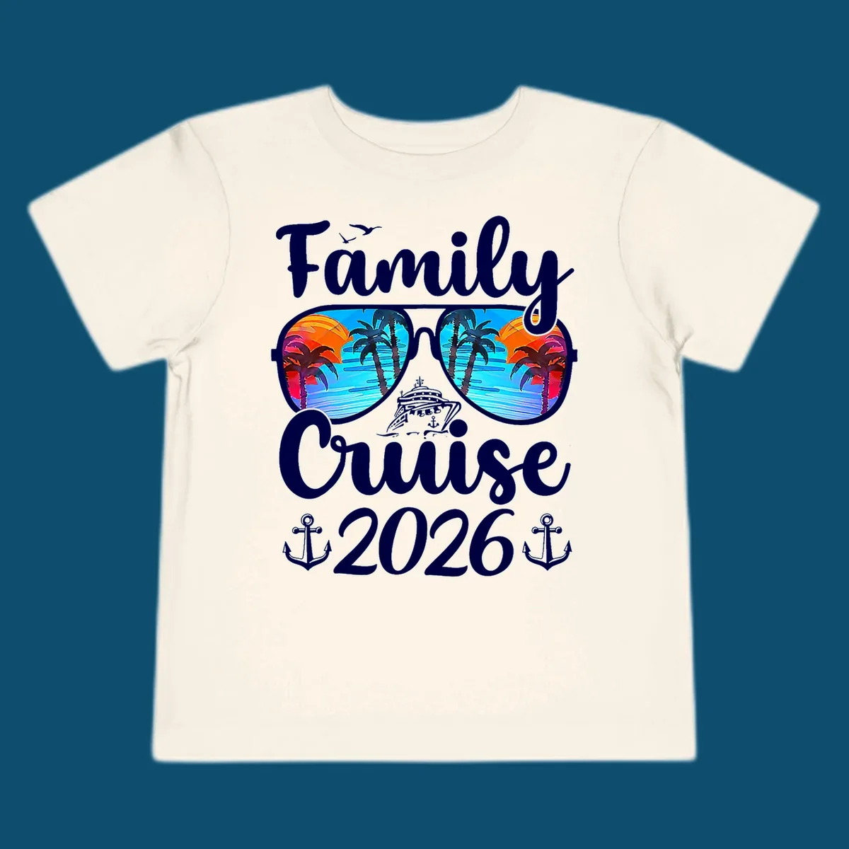 A family cruise design featuring sunglasses reflecting a tropical sunset with palm trees and a cruise ship, along with the text "Family Cruise 2026" and anchors.