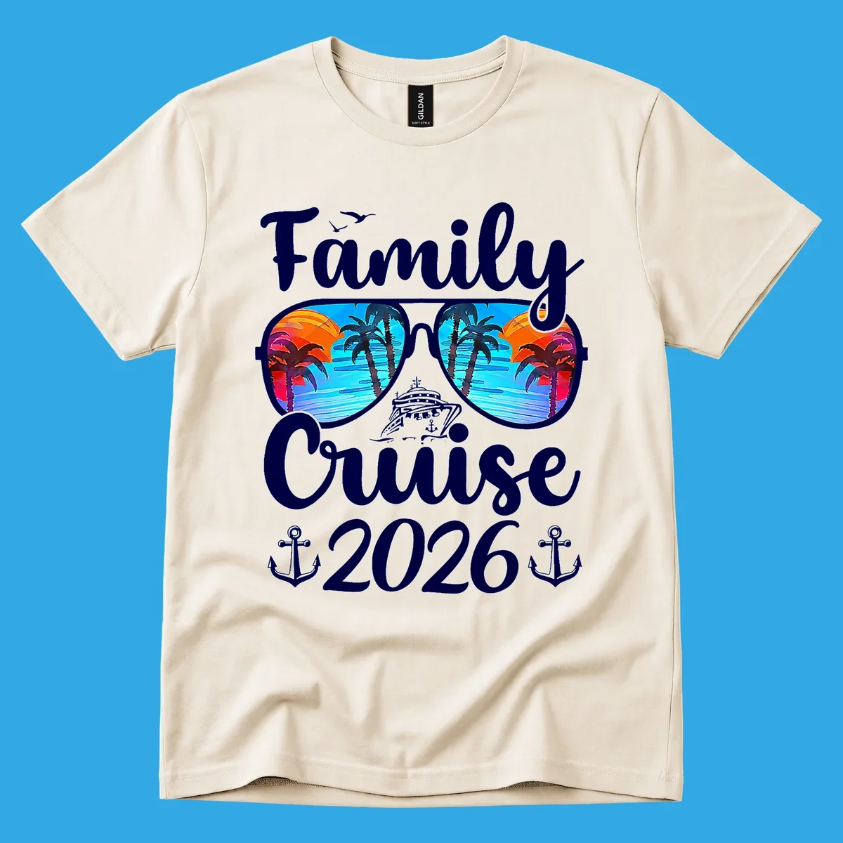 A family cruise design featuring sunglasses reflecting a tropical sunset with palm trees and a cruise ship, along with the text "Family Cruise 2026" and anchors.