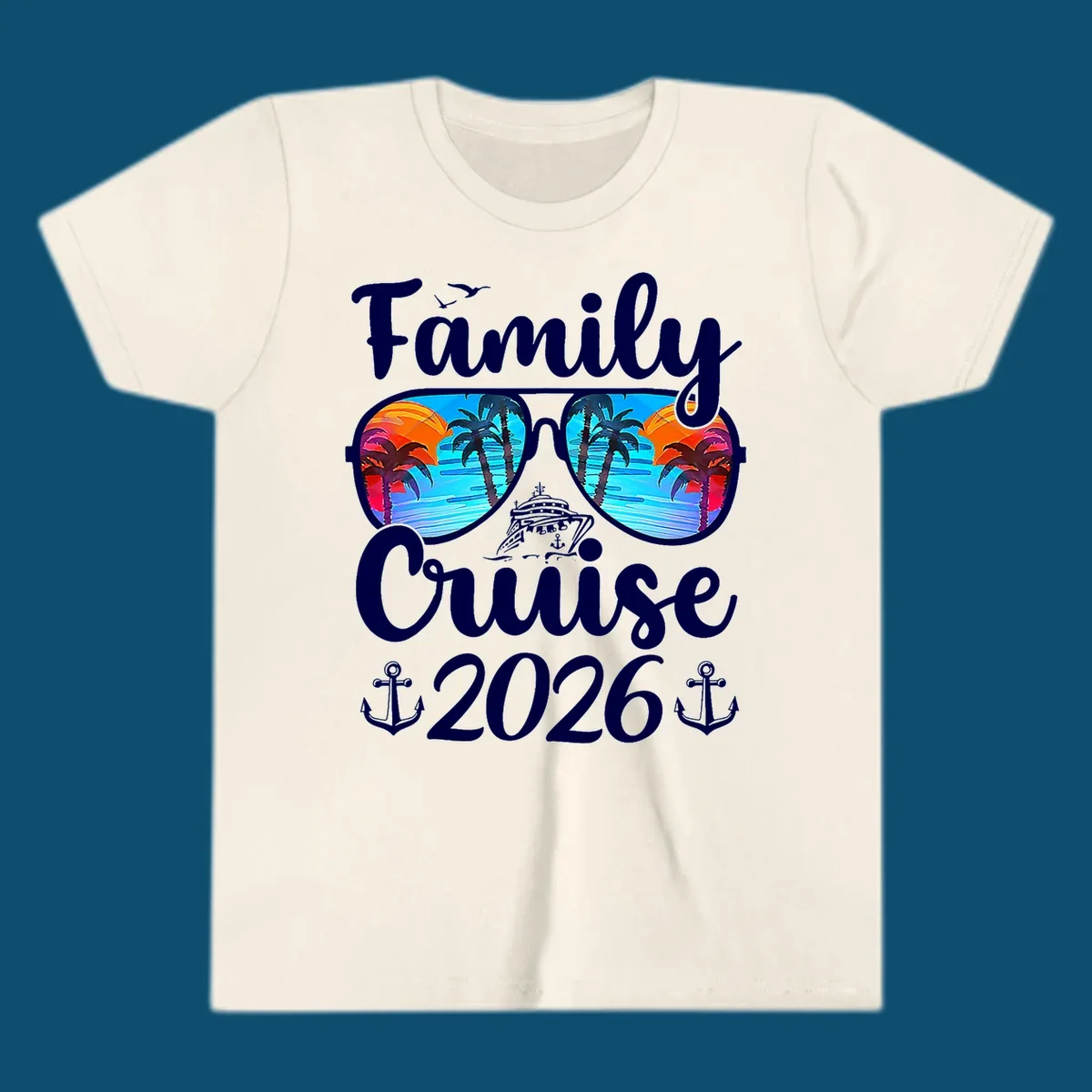 A family cruise design featuring sunglasses reflecting a tropical sunset with palm trees and a cruise ship, along with the text "Family Cruise 2026" and anchors.