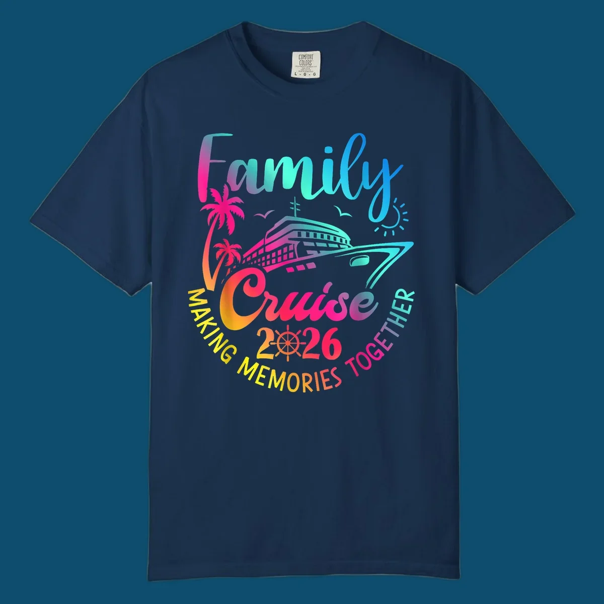Vibrant gradient design for a family cruise 2026 featuring a cruise ship, palm trees, sun, and text 'Family Cruise 2026 Making Memories Together'.