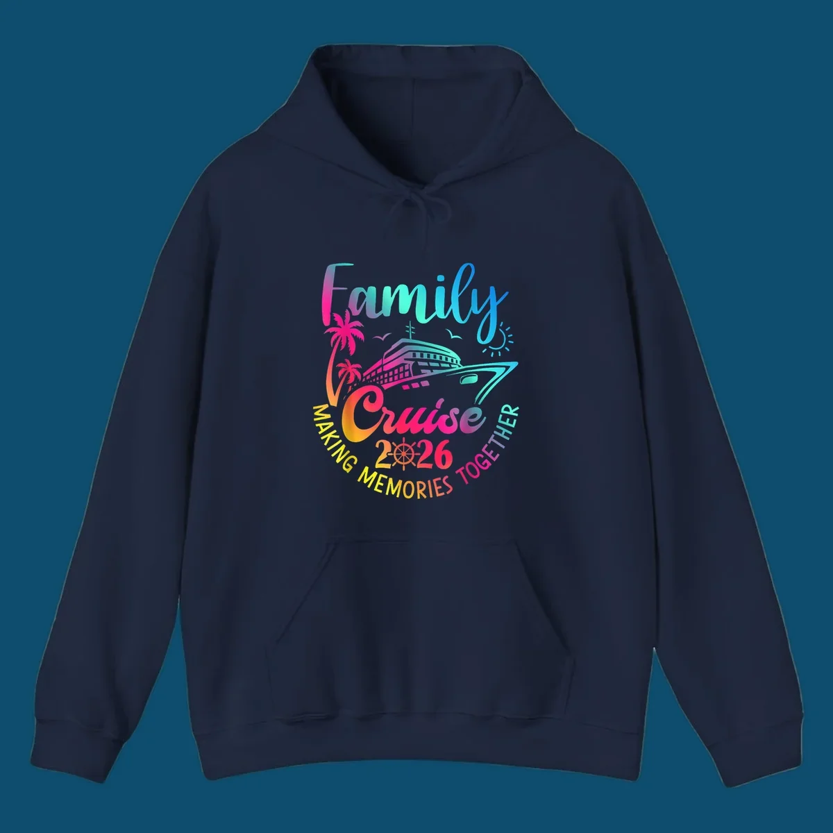 Vibrant gradient design for a family cruise 2026 featuring a cruise ship, palm trees, sun, and text 'Family Cruise 2026 Making Memories Together'.