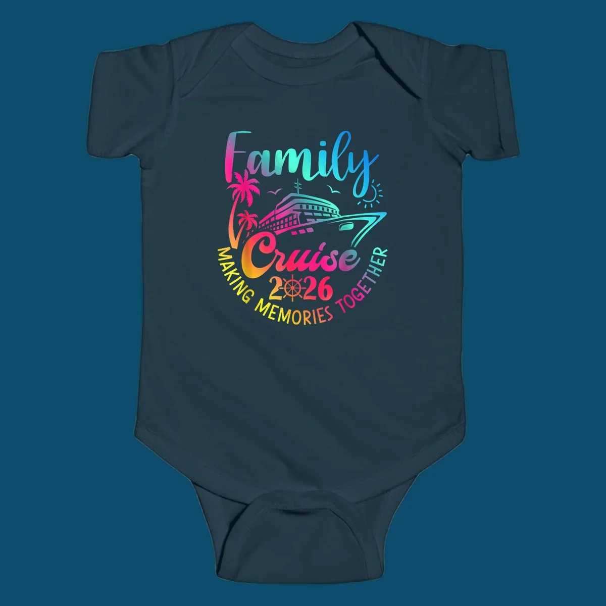 Vibrant gradient design for a family cruise 2026 featuring a cruise ship, palm trees, sun, and text 'Family Cruise 2026 Making Memories Together'.