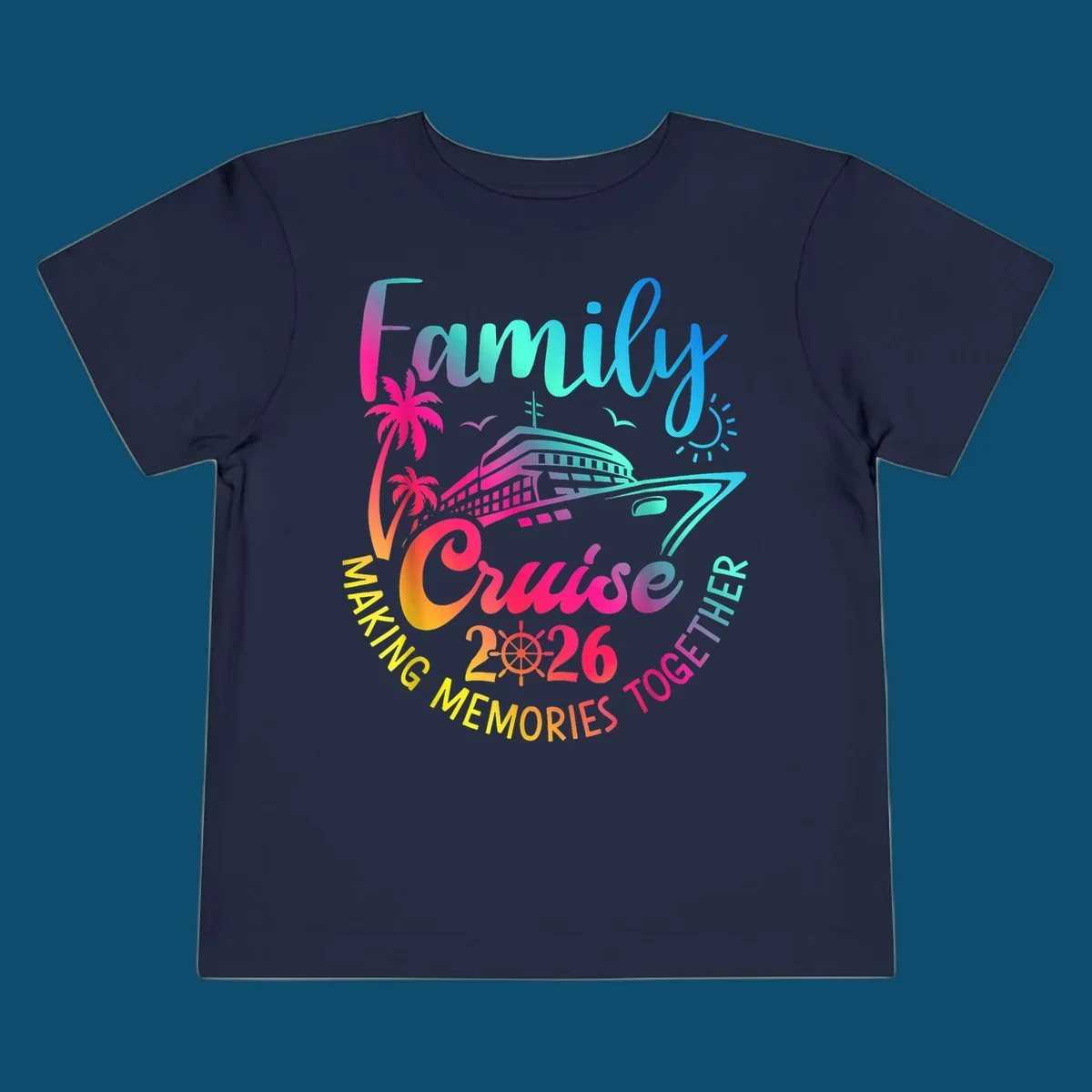 Vibrant gradient design for a family cruise 2026 featuring a cruise ship, palm trees, sun, and text 'Family Cruise 2026 Making Memories Together'.