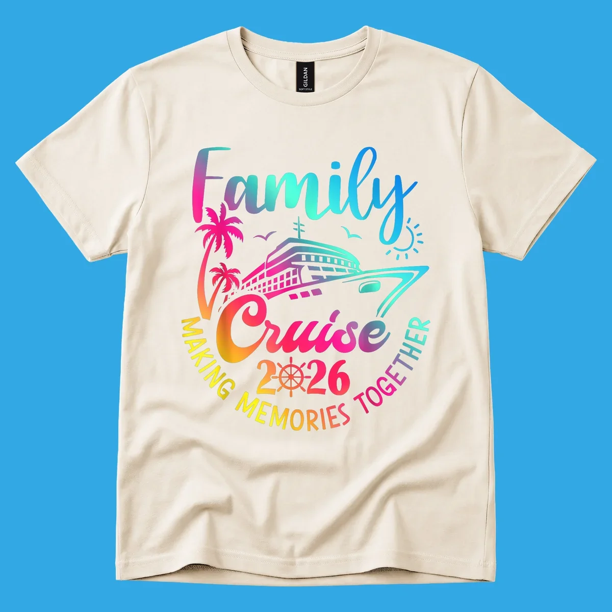 Vibrant gradient design for a family cruise 2026 featuring a cruise ship, palm trees, sun, and text 'Family Cruise 2026 Making Memories Together'.