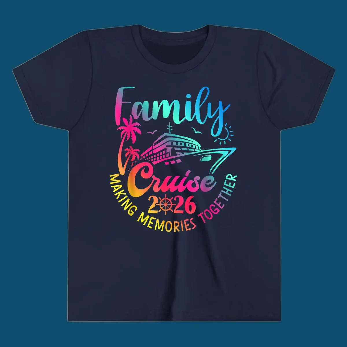 Vibrant gradient design for a family cruise 2026 featuring a cruise ship, palm trees, sun, and text 'Family Cruise 2026 Making Memories Together'.